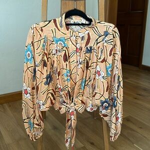 Christian Siriano cropped Floral Print Covered Button Blouse Women's Sz L Tie